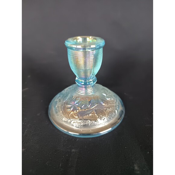 Imperial Glass Candlestick Holder Small Blue Iridescent Carnival Glass Lenox - Picture 2 of 8